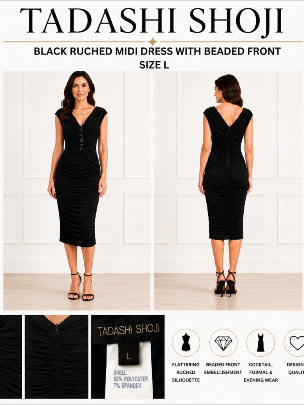 TADASHI SHOJI BLACK RUCHED MIDI DRESS L